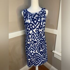 AB Studio Blue White Fitted Sleeveless midi dress w stretch NWOT